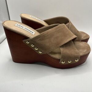 Steve Madden Women's 7 Platform Sandal Emily Tan‎ Leather Gold Studs